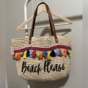 INC Beach Please Straw Tote with Multicolored Fringe